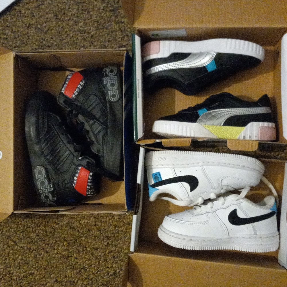 $45.00 three PAIRS OF SIZE 7C TODDLES NIKE AND PUMA SNEAKERS and ADIDAS